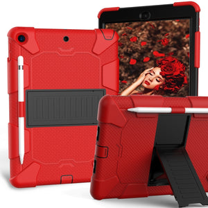 For iPad 10.2 Shockproof Two-Color Silicone Protection Case with Holder & Pen Slot(Red+Black)