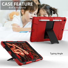 For iPad 10.2 Shockproof Two-Color Silicone Protection Case with Holder & Pen Slot(Red+Black)