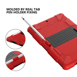 For iPad 10.2 Shockproof Two-Color Silicone Protection Case with Holder & Pen Slot(Red+Black)