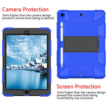 For iPad 10.2 Shockproof Two-Color Silicone Protection Case with Holder & Pen Slot(Blue+Black)