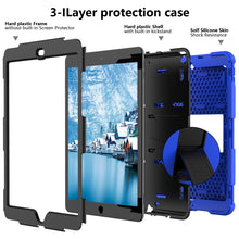 For iPad 10.2 Shockproof Two-Color Silicone Protection Case with Holder & Pen Slot(Blue+Black)