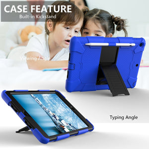 For iPad 10.2 Shockproof Two-Color Silicone Protection Case with Holder & Pen Slot(Blue+Black)