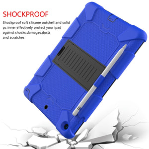 For iPad 10.2 Shockproof Two-Color Silicone Protection Case with Holder & Pen Slot(Blue+Black)