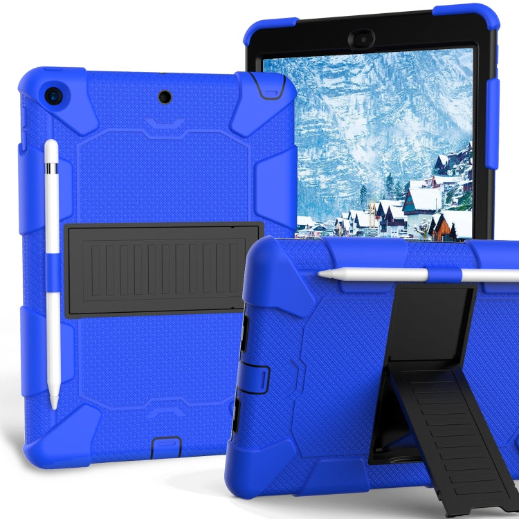 For iPad 10.2 Shockproof Two-Color Silicone Protection Case with Holder & Pen Slot(Blue+Black)