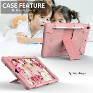 For iPad 10.2 Shockproof Two-Color Silicone Protection Case with Holder & Pen Slot(Rose Gold)