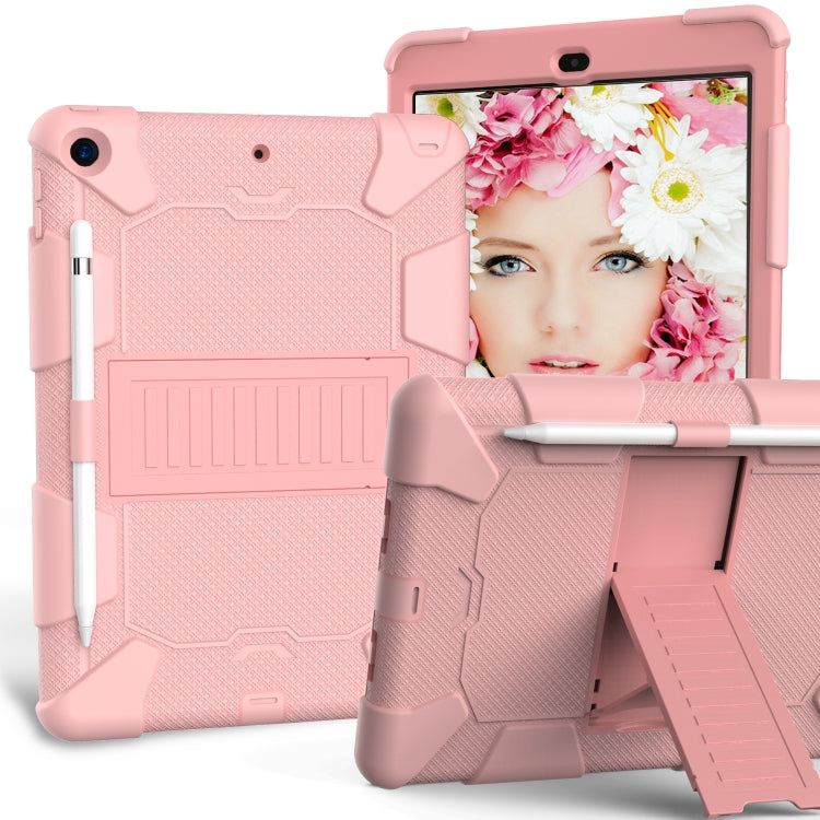 For iPad 10.2 Shockproof Two-Color Silicone Protection Case with Holder & Pen Slot(Rose Gold)