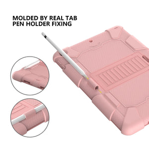 For iPad 10.2 Shockproof Two-Color Silicone Protection Case with Holder & Pen Slot(Rose Gold)