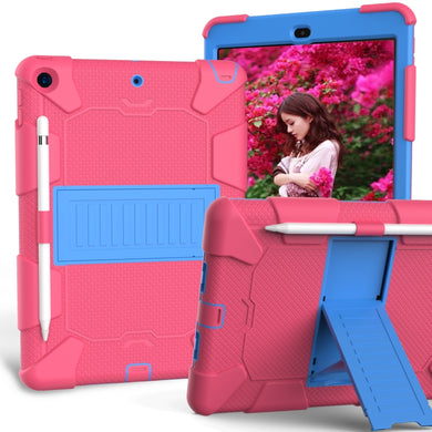 For iPad 10.2 Shockproof Two-Color Silicone Protection Case with Holder & Pen Slot(Hot Pink+Blue)