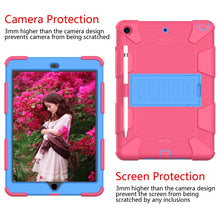 For iPad 10.2 Shockproof Two-Color Silicone Protection Case with Holder & Pen Slot(Hot Pink+Blue)