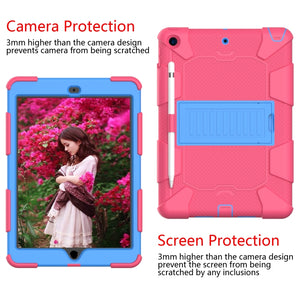 For iPad 10.2 Shockproof Two-Color Silicone Protection Case with Holder & Pen Slot(Hot Pink+Blue)