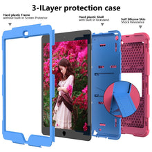 For iPad 10.2 Shockproof Two-Color Silicone Protection Case with Holder & Pen Slot(Hot Pink+Blue)