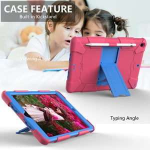 For iPad 10.2 Shockproof Two-Color Silicone Protection Case with Holder & Pen Slot(Hot Pink+Blue)