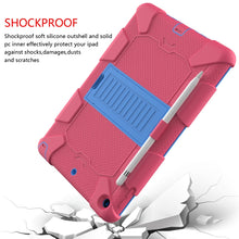 For iPad 10.2 Shockproof Two-Color Silicone Protection Case with Holder & Pen Slot(Hot Pink+Blue)