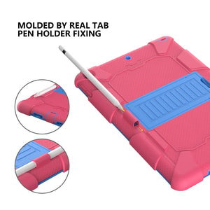 For iPad 10.2 Shockproof Two-Color Silicone Protection Case with Holder & Pen Slot(Hot Pink+Blue)