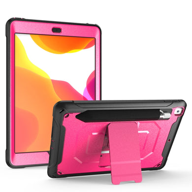 For iPad 9.7 (2018) & (2017)  360 Degree Rotation PC + Silicone Protective Case with Holder & Hand-strap(Rose Red)