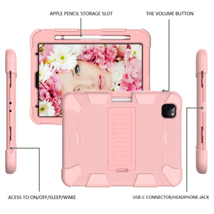 For iPad Pro 11 (2020) Shockproof Two-Color Silicone Protection Tablet Case with Holder & Pen Slot(Rose Gold)