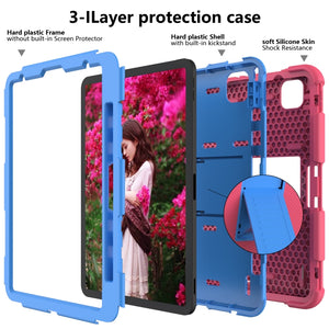 For iPad Pro 11 (2020) Shockproof Two-Color Silicone Protection Tablet Case with Holder & Pen Slot(Hot Pink+Blue)