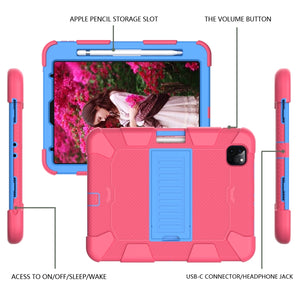 For iPad Pro 11 (2020) Shockproof Two-Color Silicone Protection Tablet Case with Holder & Pen Slot(Hot Pink+Blue)