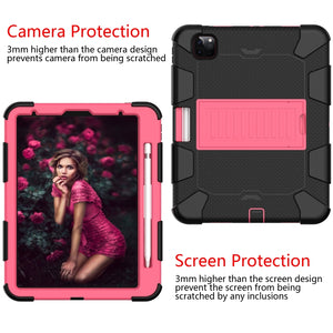 For iPad Pro 11 (2020) Shockproof Two-Color Silicone Protection Tablet Case with Holder & Pen Slot(Black+Hot Pink)