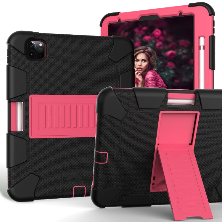 For iPad Pro 11 (2020) Shockproof Two-Color Silicone Protection Tablet Case with Holder & Pen Slot(Black+Hot Pink)