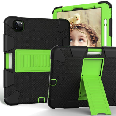 For iPad Pro 11 (2020) Shockproof Two-Color Silicone Protection Tablet Case with Holder & Pen Slot(Black+Olivine)