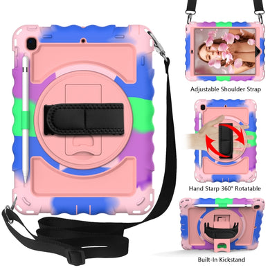 For iPad 9.7 (2018) & (2017) 360 Degree Rotation PC + Silicone Shockproof Combination Case with Holder & Hand Grip Strap & Neck Strap(Colorful+Rose Gold)
