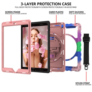 For iPad 9.7 (2018) & (2017) 360 Degree Rotation PC + Silicone Shockproof Combination Case with Holder & Hand Grip Strap & Neck Strap(Colorful+Rose Gold)