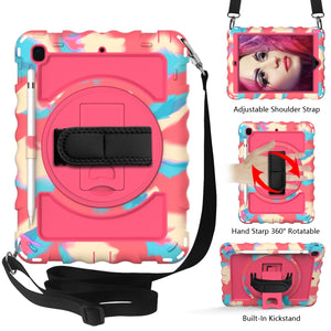 For iPad 9.7 (2018) & (2017) 360 Degree Rotation PC + Silicone Shockproof Combination Case with Holder & Hand Grip Strap & Neck Strap(Colorful+Hot Pink)
