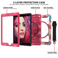 For iPad 9.7 (2018) & (2017) 360 Degree Rotation PC + Silicone Shockproof Combination Case with Holder & Hand Grip Strap & Neck Strap(Colorful+Hot Pink)