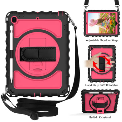 For iPad 9.7 (2018) & (2017) 360 Degree Rotation PC + Silicone Shockproof Combination Case with Holder & Hand Grip Strap & Neck Strap(Black+Hot Pink)