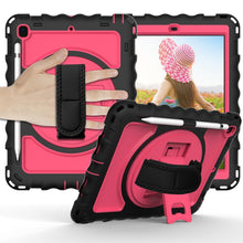 For iPad 9.7 (2018) & (2017) 360 Degree Rotation PC + Silicone Shockproof Combination Case with Holder & Hand Grip Strap & Neck Strap(Black+Hot Pink)