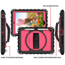 For iPad 9.7 (2018) & (2017) 360 Degree Rotation PC + Silicone Shockproof Combination Case with Holder & Hand Grip Strap & Neck Strap(Black+Hot Pink)