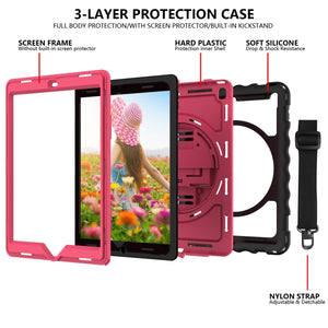 For iPad 9.7 (2018) & (2017) 360 Degree Rotation PC + Silicone Shockproof Combination Case with Holder & Hand Grip Strap & Neck Strap(Black+Hot Pink)