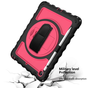 For iPad 9.7 (2018) & (2017) 360 Degree Rotation PC + Silicone Shockproof Combination Case with Holder & Hand Grip Strap & Neck Strap(Black+Hot Pink)