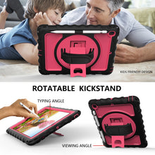 For iPad 9.7 (2018) & (2017) 360 Degree Rotation PC + Silicone Shockproof Combination Case with Holder & Hand Grip Strap & Neck Strap(Black+Hot Pink)