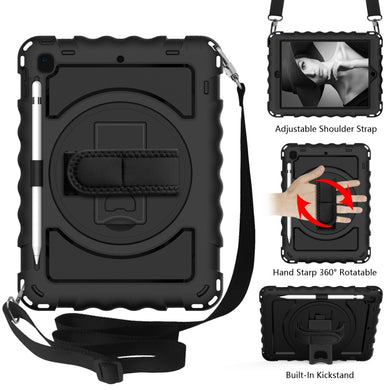 For iPad 9.7 (2018) & (2017) 360 Degree Rotation PC + Silicone Shockproof Combination Case with Holder & Hand Grip Strap & Neck Strap(Black)