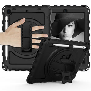 For iPad 9.7 (2018) & (2017) 360 Degree Rotation PC + Silicone Shockproof Combination Case with Holder & Hand Grip Strap & Neck Strap(Black)