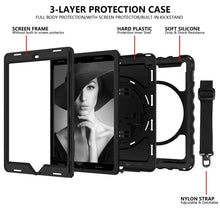 For iPad 9.7 (2018) & (2017) 360 Degree Rotation PC + Silicone Shockproof Combination Case with Holder & Hand Grip Strap & Neck Strap(Black)