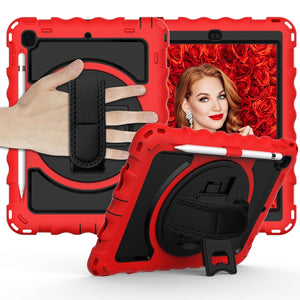 For iPad 9.7 (2018) & (2017) 360 Degree Rotation PC + Silicone Shockproof Combination Case with Holder & Hand Grip Strap & Neck Strap(Red)