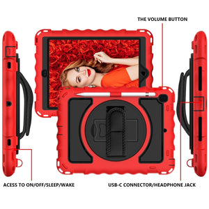 For iPad 9.7 (2018) & (2017) 360 Degree Rotation PC + Silicone Shockproof Combination Case with Holder & Hand Grip Strap & Neck Strap(Red)