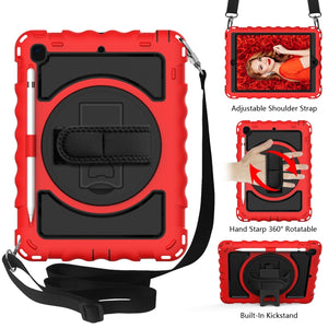 For iPad 9.7 (2018) & (2017) 360 Degree Rotation PC + Silicone Shockproof Combination Case with Holder & Hand Grip Strap & Neck Strap(Red)