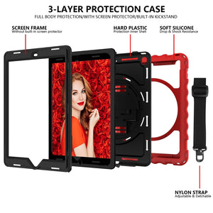 For iPad 9.7 (2018) & (2017) 360 Degree Rotation PC + Silicone Shockproof Combination Case with Holder & Hand Grip Strap & Neck Strap(Red)