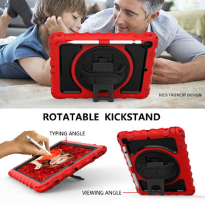 For iPad 9.7 (2018) & (2017) 360 Degree Rotation PC + Silicone Shockproof Combination Case with Holder & Hand Grip Strap & Neck Strap(Red)