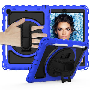 For iPad 9.7 (2018) & (2017) 360 Degree Rotation PC + Silicone Shockproof Combination Case with Holder & Hand Grip Strap & Neck Strap(Blue)