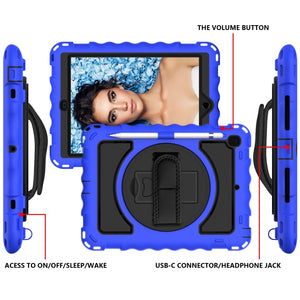 For iPad 9.7 (2018) & (2017) 360 Degree Rotation PC + Silicone Shockproof Combination Case with Holder & Hand Grip Strap & Neck Strap(Blue)