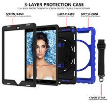 For iPad 9.7 (2018) & (2017) 360 Degree Rotation PC + Silicone Shockproof Combination Case with Holder & Hand Grip Strap & Neck Strap(Blue)