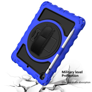 For iPad 9.7 (2018) & (2017) 360 Degree Rotation PC + Silicone Shockproof Combination Case with Holder & Hand Grip Strap & Neck Strap(Blue)