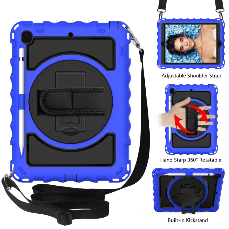 For iPad 9.7 (2018) & (2017) 360 Degree Rotation PC + Silicone Shockproof Combination Case with Holder & Hand Grip Strap & Neck Strap(Blue)