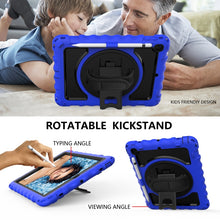 For iPad 9.7 (2018) & (2017) 360 Degree Rotation PC + Silicone Shockproof Combination Case with Holder & Hand Grip Strap & Neck Strap(Blue)