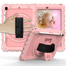 For iPad 9.7 (2018) & (2017) 360 Degree Rotation PC + Silicone Shockproof Combination Case with Holder & Hand Grip Strap & Neck Strap(Rose Gold)